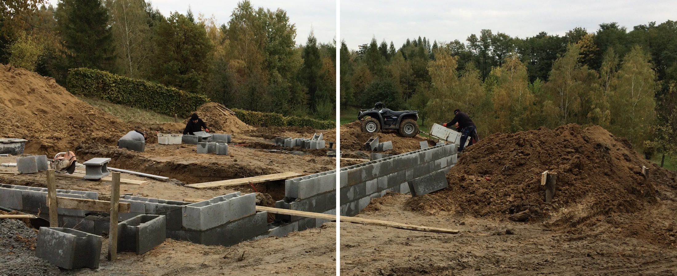 wykopy w ziemi i ułożone fundamenty z bloczków fundamentowych